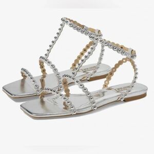 Badgley Mischka Cami Pearled Gladiator Flat Sandal – Silver – Size 9.5
